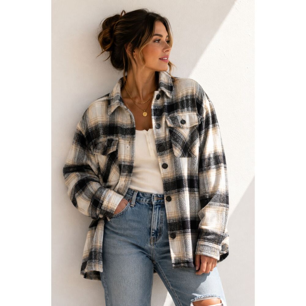 The Nines Plaid Flannel Shacket Women’s M Black Cream Oversized Button Jacket